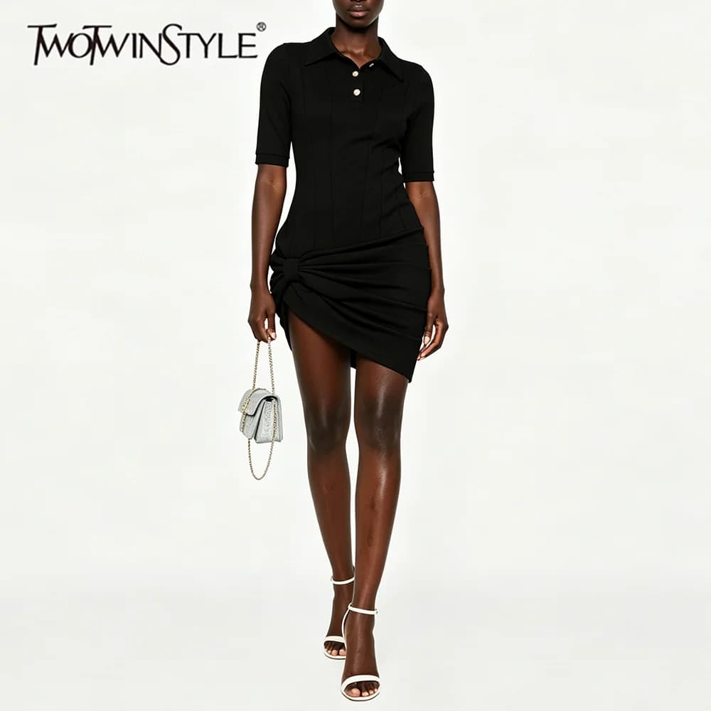 TWOTWINSTYLE Street Style Black Twist Ruched Mini Dress for Women Polo Collar Midi Sleeve Knit Bodycon Skirt for Casual Shopping