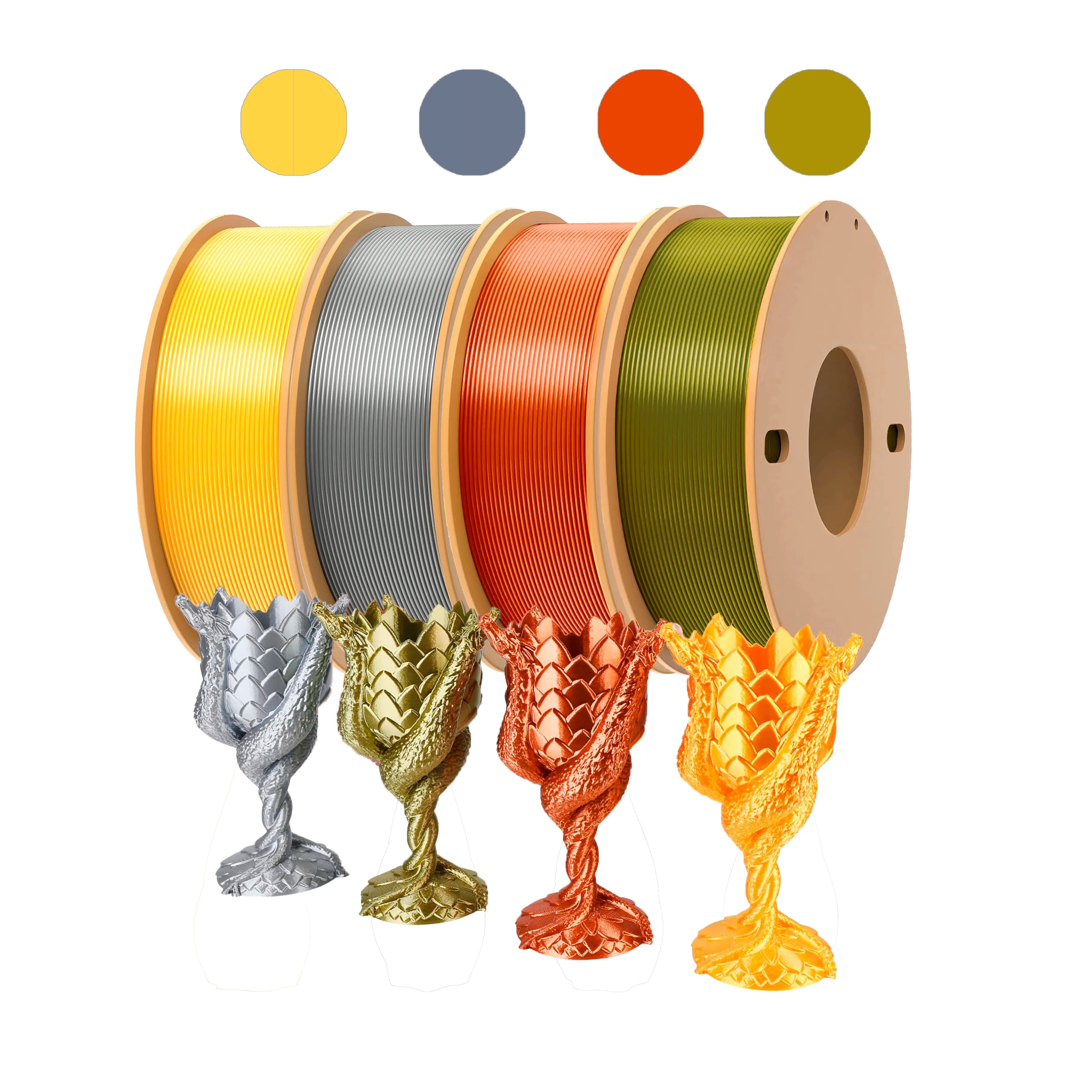 Silk 3D Printing Filament PLA - Pack of 4 (4x250 g) for Bambu Lab printers, Creality & Anycubic - Diameter 1.75 mm