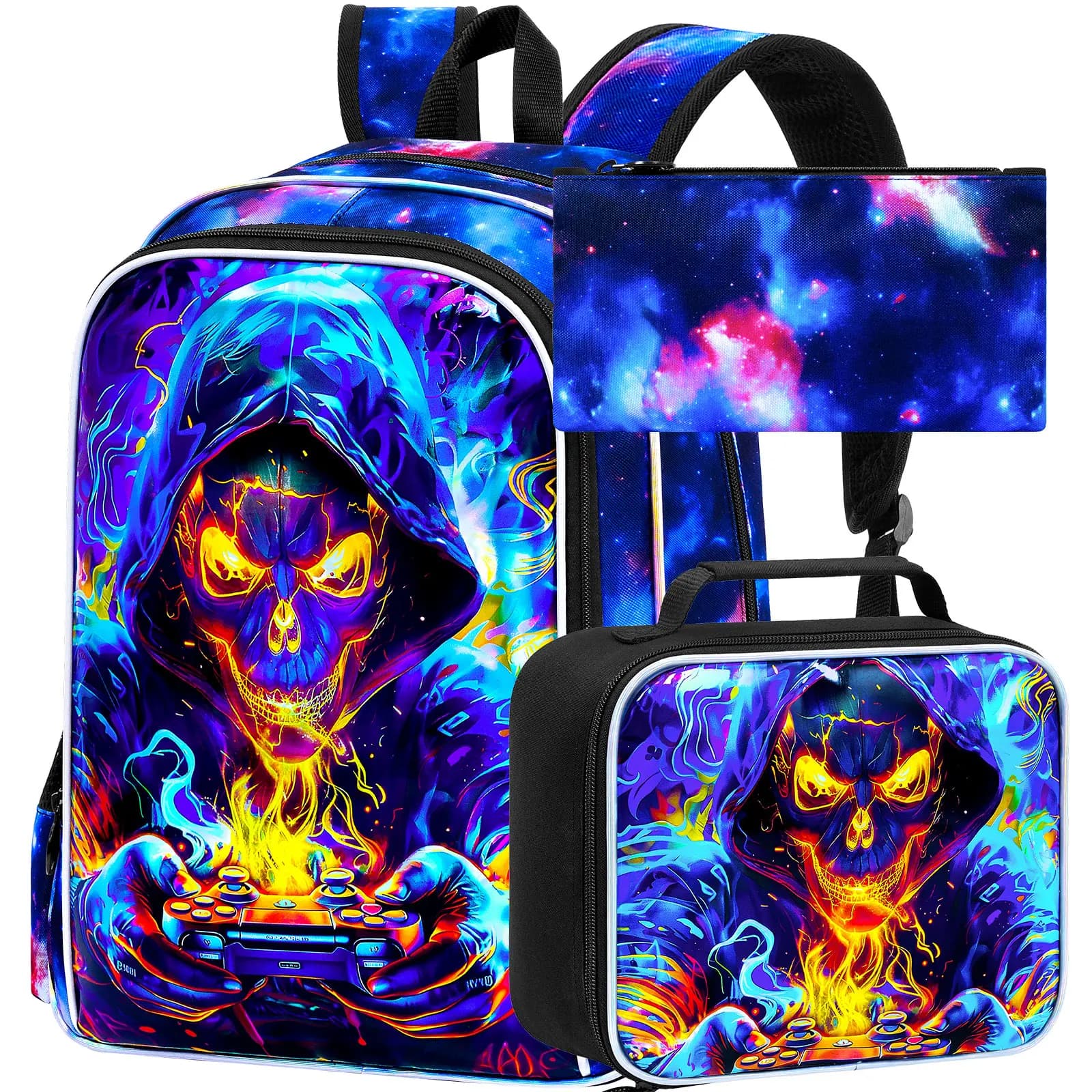 Set di 3 Zaini da Gaming per Bambini, Zaino con Motivo Teschio e Porta Pranzo, Borsa Scolastica Resistente all'Acqua da 17 Pollici per Adolescenti e Studenti delle Elementari e Medie