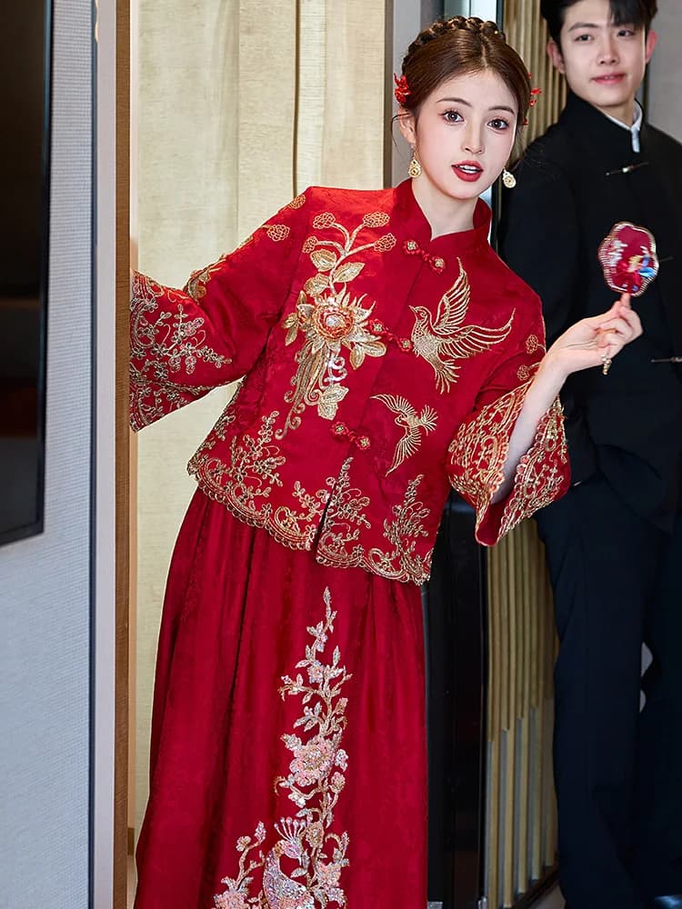 Abito da Sposa Premaman QiuYue Nuovo Stile Cinese Taglie Forti che Nasconde la Pancia per Cerimonia di Fidanzamento e Matrimonio