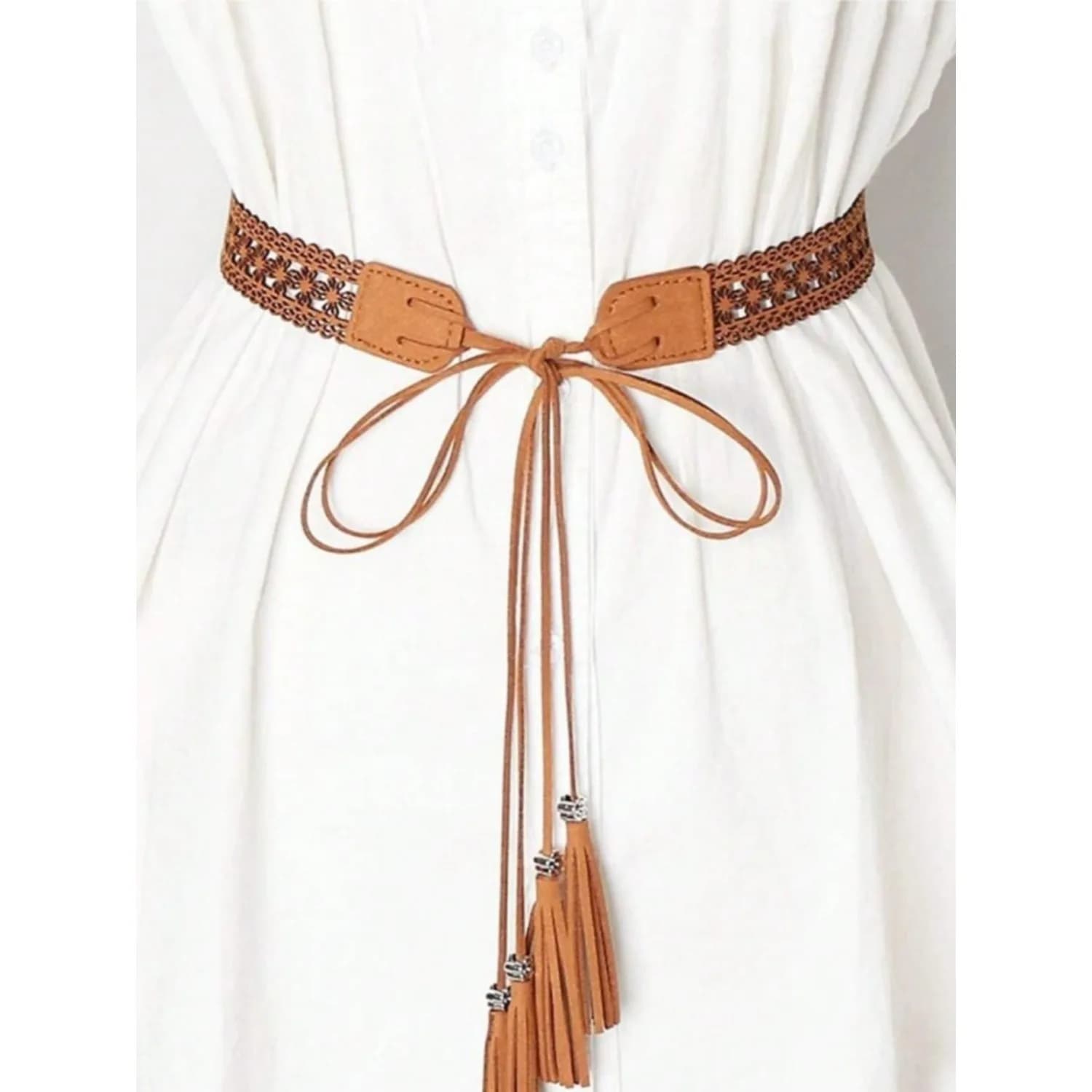 1pc Hollow Tassel Waist Belt, Versatile Fashion Waist Rope Decoration For Dresses, Shirts, Skirts, Faux Leather
