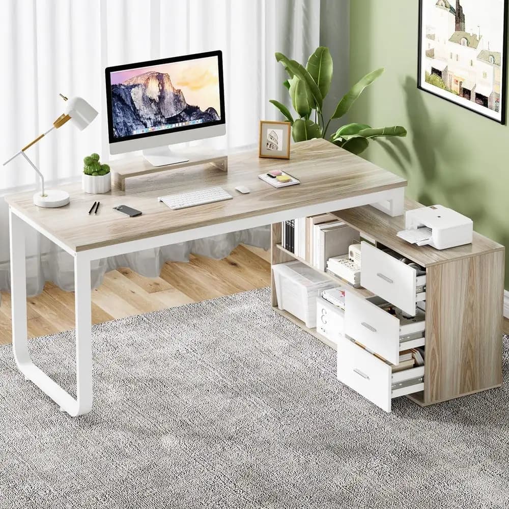 55L Shaped Desk with Ders and Shees, Home Oice Desk with Monitor Stand or Work Writing Study, Reversile Desk with Stora, White a