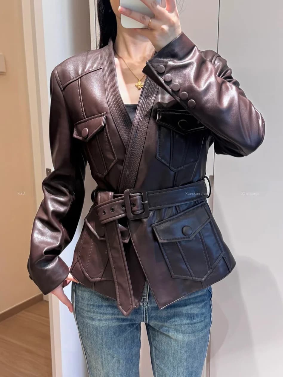 Giacca in Pelle da Donna Stile Street Loose, Nuova Collezione Primavera 2025, Cappotto in Pelle di Cane alla Moda, Abbigliamento Biker, Corto con Cerniera