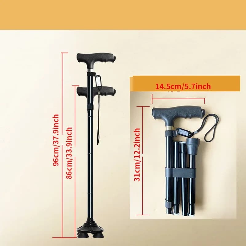 Foldable Aluminum Trekking Stick with LED Light, Multifunctional Anti-slip Trekking Stick for Seniors, Ankle Designed Handle