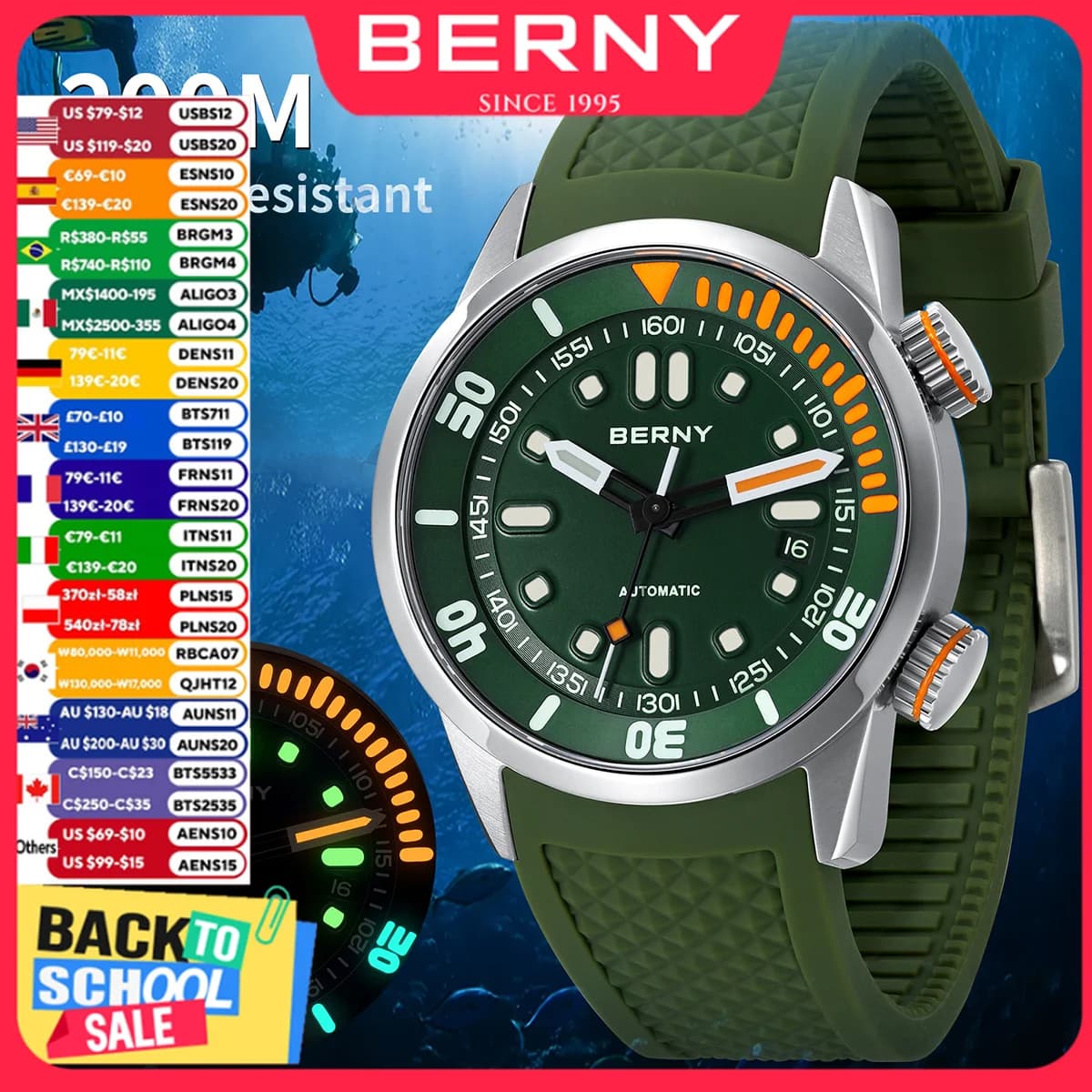 BERNY 20Bar Diver Orologio meccanico da uomo Miyota 8215 Zaffiro super luminoso Nuoto Orologio da polso da uomo automatico in silicone a carica automatica