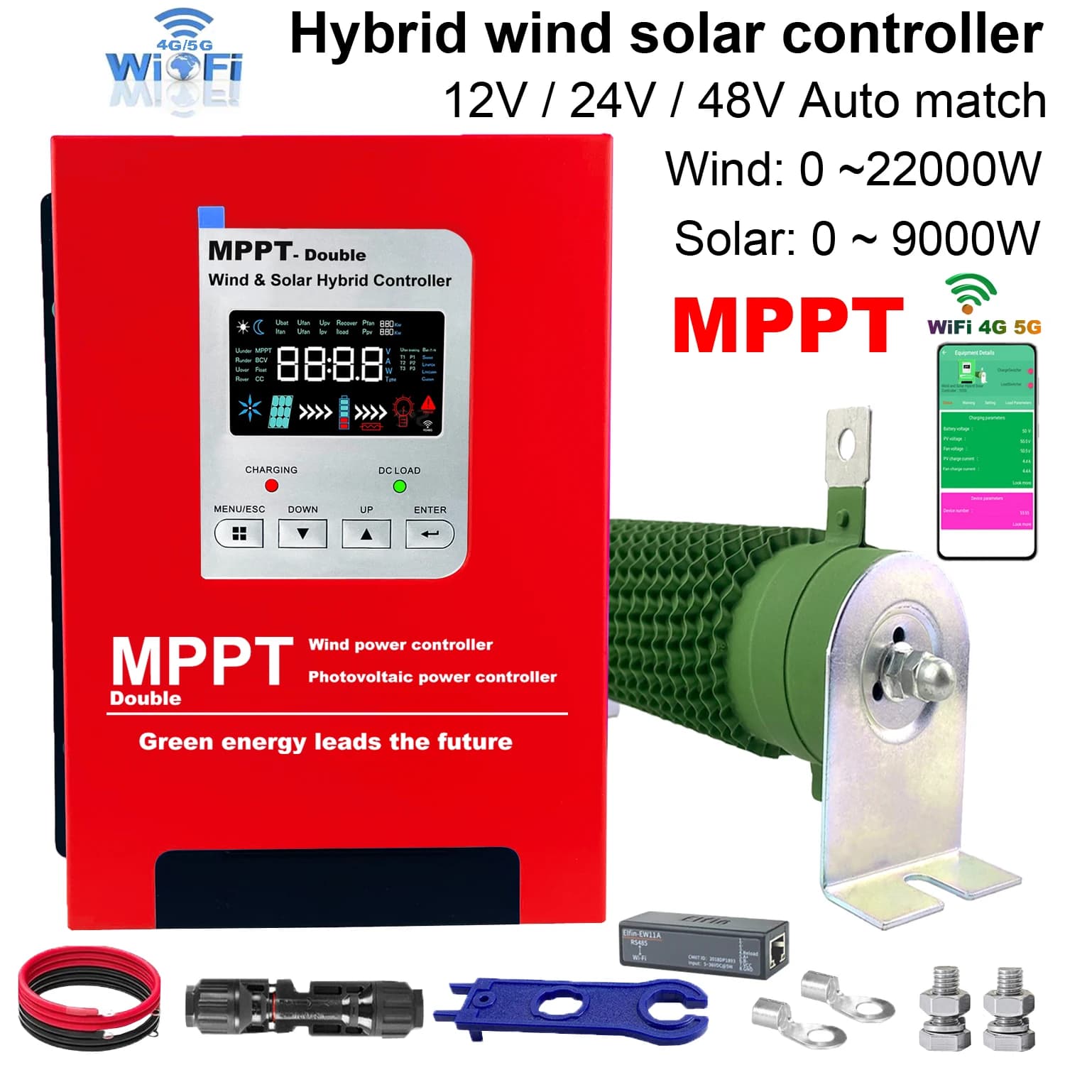 Regolatore di Carica Ibrido Eolico-Solare 12V 24V 48V 5000W, Caricatore MPPT per Pannello Solare e Turbina Eolica, per Batterie al Litio e al Piombo-Acido