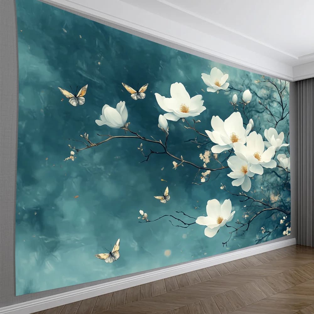 White Magnolia Flower Tapestry, Butterflies on Teal Background, Elegant Floral Wall Hanging for Bedroom Living Room