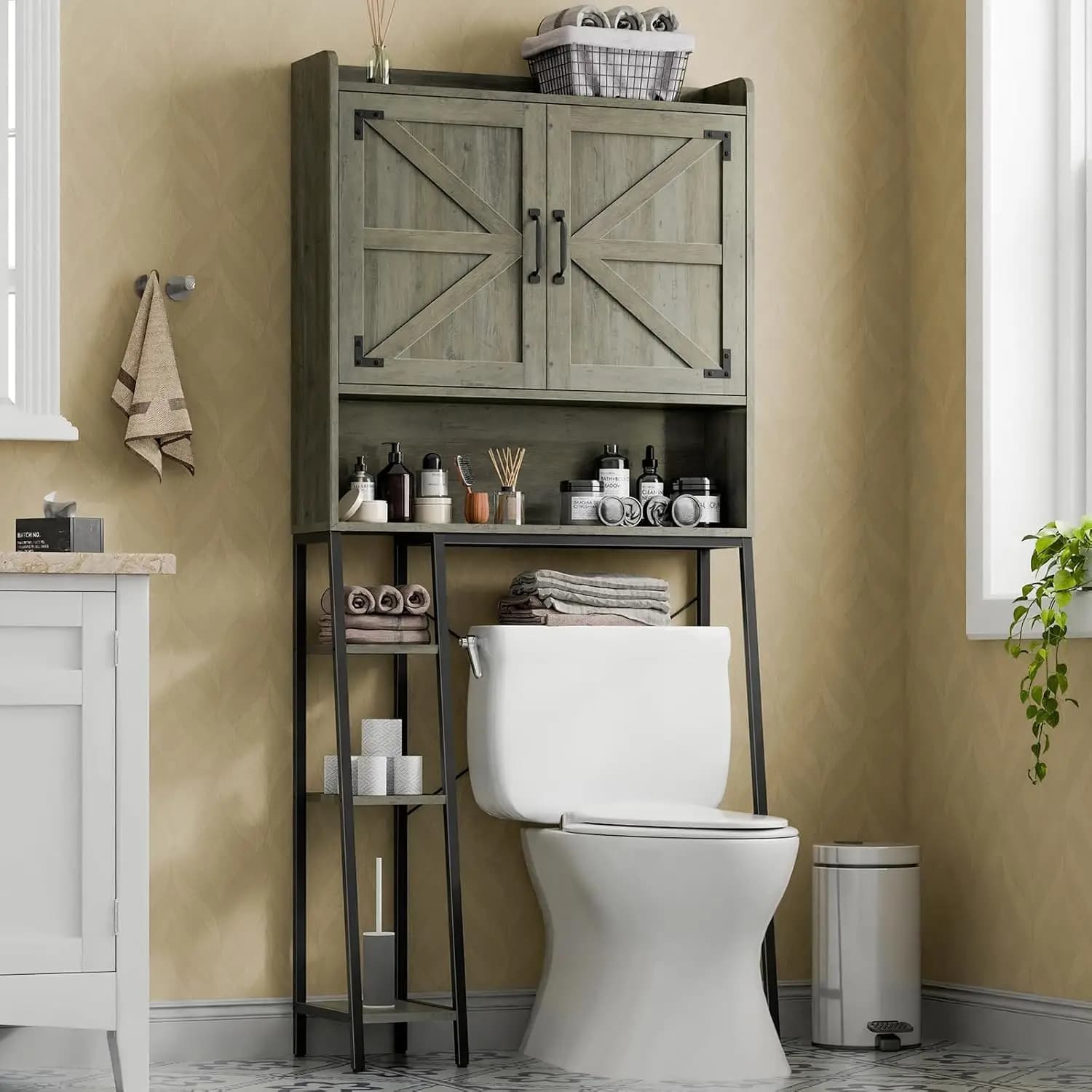 Mobiletto Sopra il WC, Armadietto Stile Fattoria con Porte Scorrevoli e Portarotolo, Personalizzabile