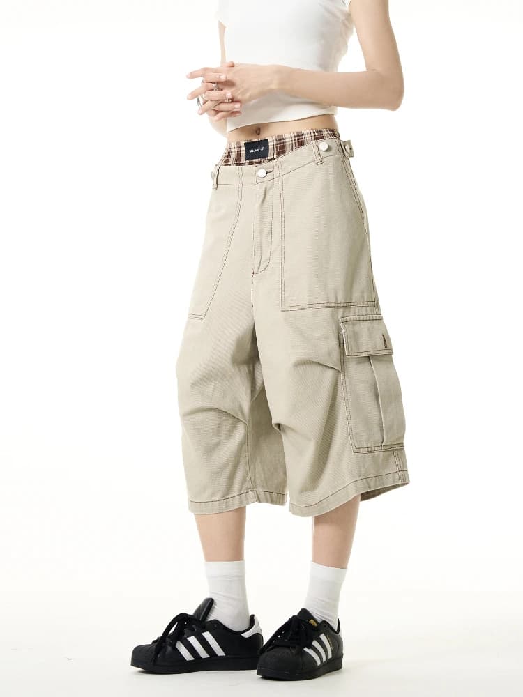 American High Street Pleated Multi-Pocket Seven-Foot Pants Unisex Wide Leg Logging Workwear CleanFit Shorts Trendy Jeans