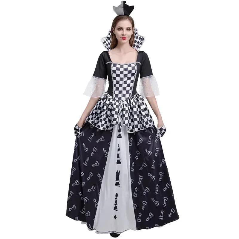 Costume da regina degli scacchi per donna, costume da festa di Halloween, stampa pezzo degli scacchi