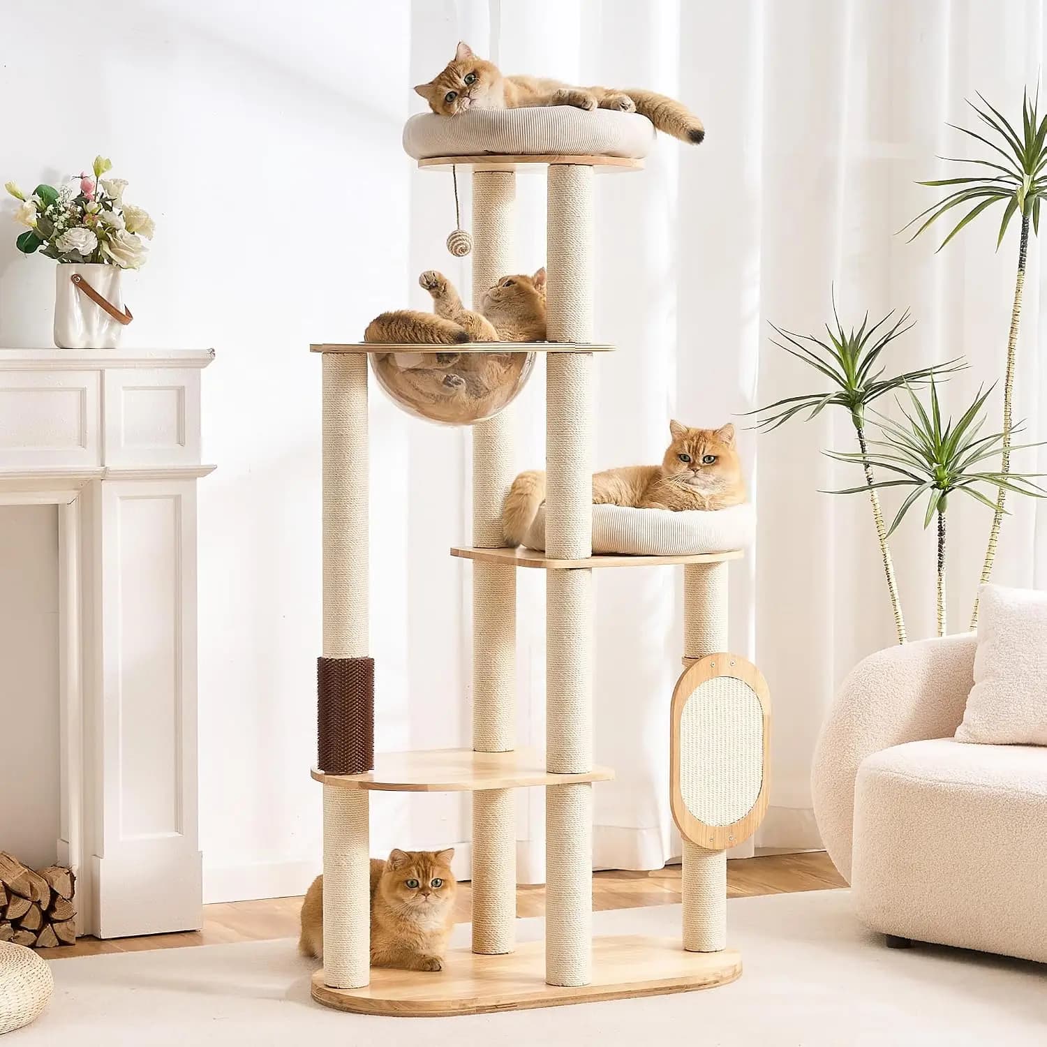 Wood Cat Tree 60" with Sisal Posts Capsule Pad Indoor Cats Solid Rubber Large Platform Multi-Level Large Adult Cat, Customized