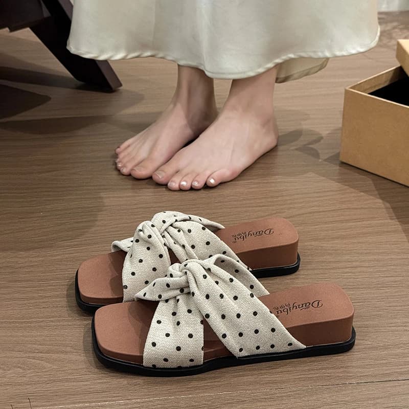 Polka Dot Knot Flat Sandals Women's Summer Outdoor Wear Gentle Fairy Style Thick Heel Slope Follow Thin Heel Slip-On Shoes