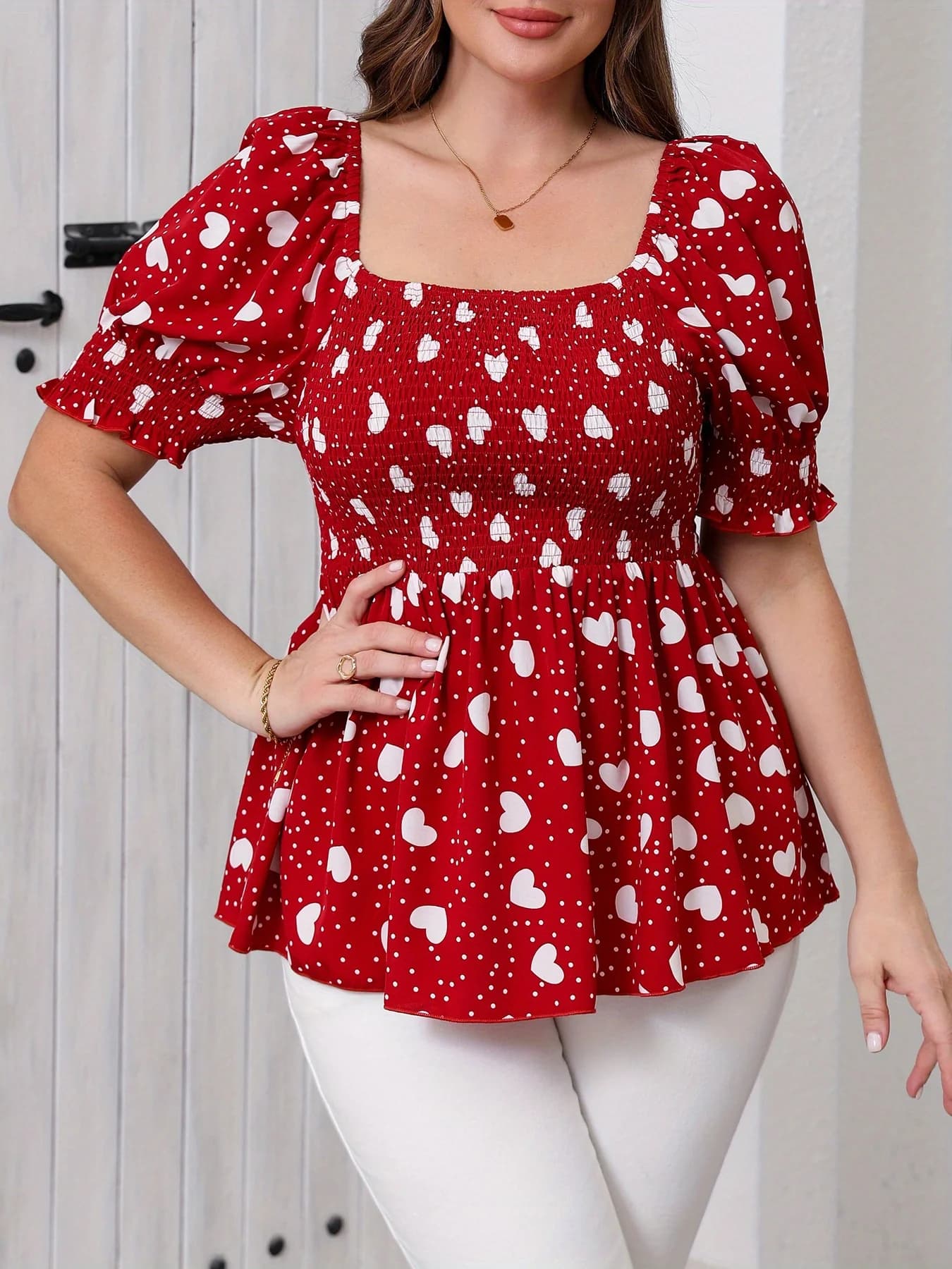 Women's Plus-Size Elegant Heart & Polka Dot Print Blouse – Summer Short-Sleeve Square-Neck Top for Work or Vacation