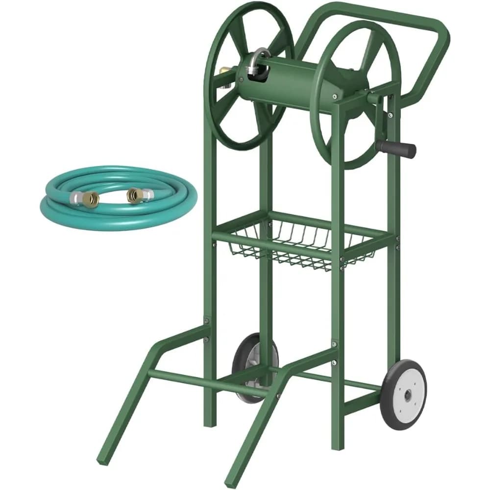 Carrello Avvolgitubo da Giardino a Due Ruote Rinforzato, Contiene Tubi da 125 Piedi e 5/8 Pollici con Cesto Portaoggetti e Cavo di Alimentazione