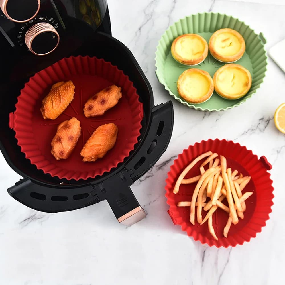 Pentola in silicone per friggitrice ad aria rotonda - Teglia da forno e tappetino per cesto di pollo fritto, padella riutilizzabile, accessori essenziali per la cucina