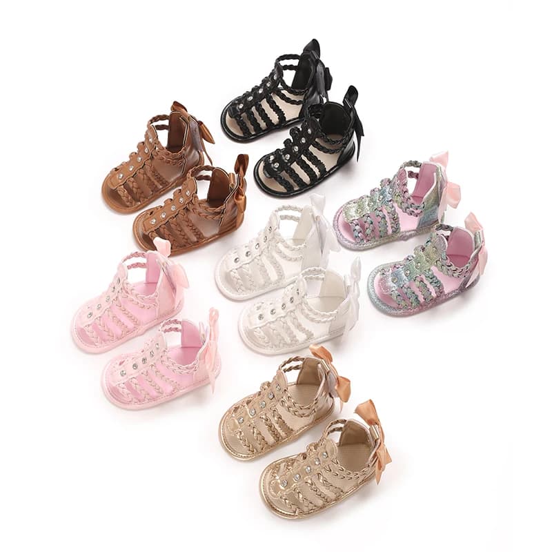 Scarpe per neonati Scarpe da bambina Nuovi sandali estivi da bambina in pelle PU con suola in gomma floreale antiscivolo Scarpe da culla per neonati