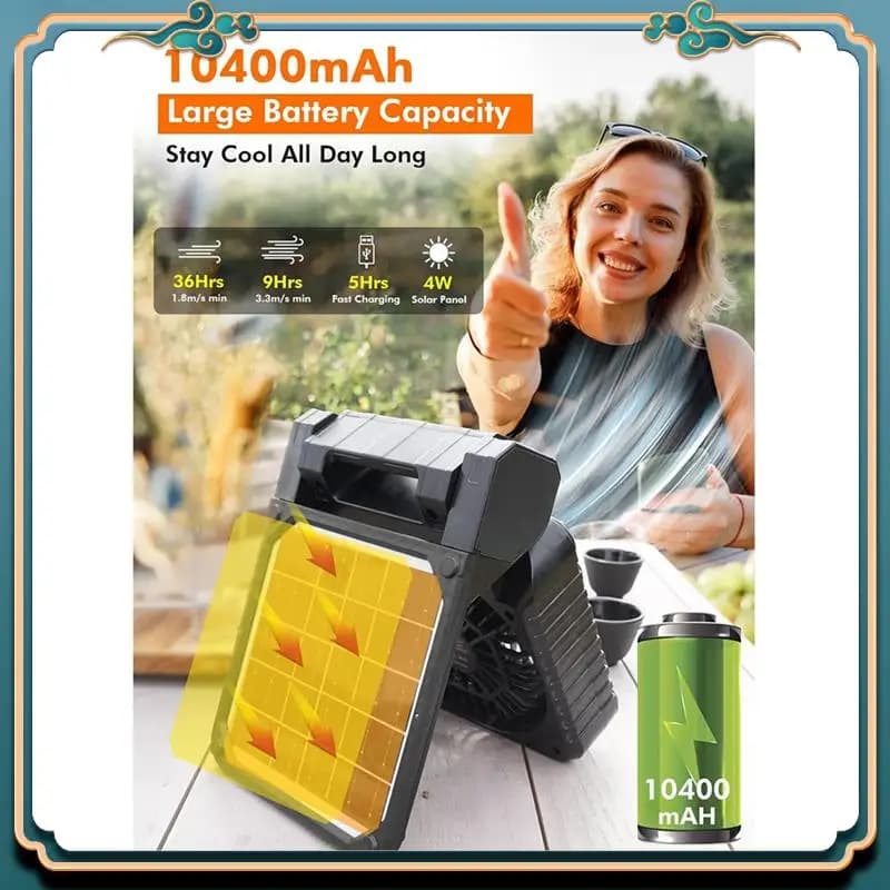 Ultimo ventilatore da campeggio ad energia solare con luce a LED, ventilatore da campeggio portatile con pannello solare, ventilatore da campeggio per tenda ricaricabile