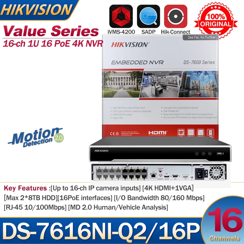 Hikvision NVR 16CH 1U 16 PoE 4K NVR DS-7616NI-Q2/16P Ingresso telecamera IP 16-ch Videoregistratore di rete Supporto telecamera di terze parti