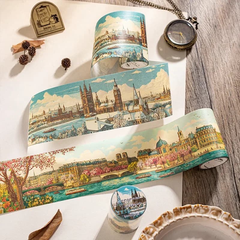 1 Roll/2 Roll 6 Designs Collages European Traveler's Notes Series Travel Theme Vintage Scrapbook Collage Washi Tape Set