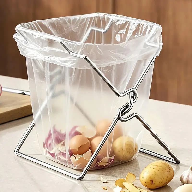 Collapsible Stainless Steel Trash Bag Holder, Foldable Kitchen Countertop Garbage Bag Rack, Portable Waste Bin Stand Camping RV