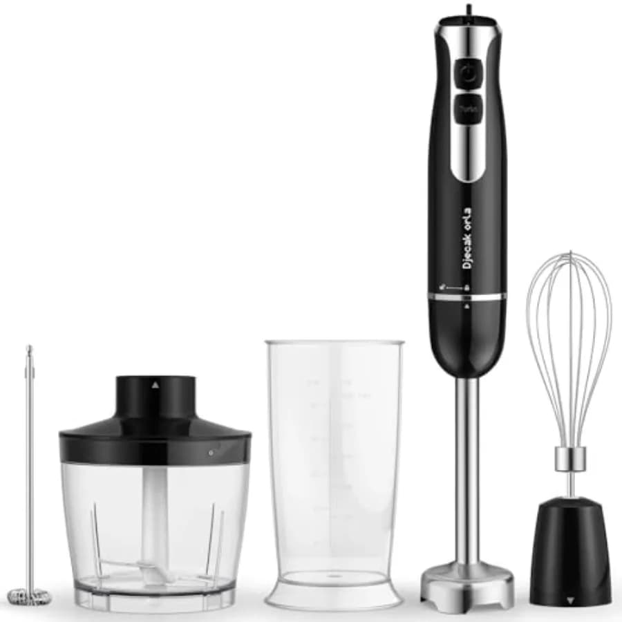 Frullatore a Immersione 5-in-1 Potenziato da 1100W, 20 Velocità Variabili Fino a 15.500 RPM, con Montalatte e Robot da Cucina
