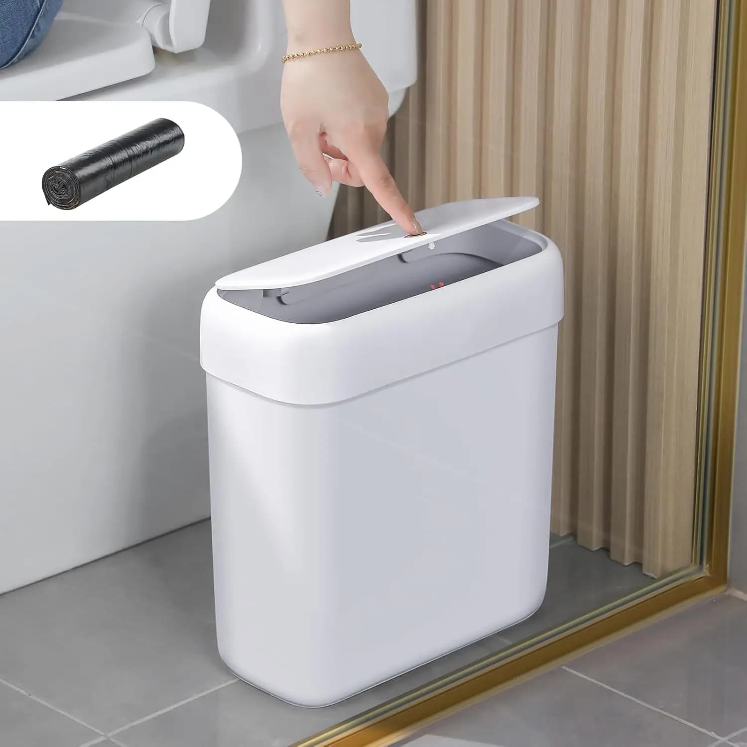 Cestino per Rifiuti da 3 Galloni con Coperchio a Pressione, Antiodore e Antisgocciolamento, Contenitore Bianco per Cucina, Bagno, Ufficio