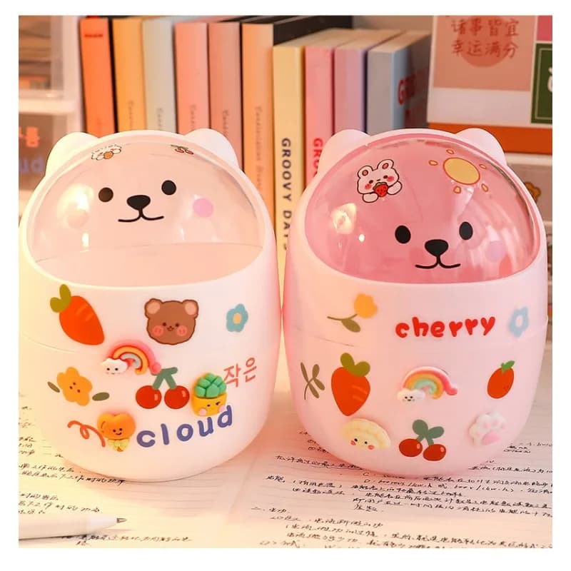 Mini organizer per pattumiera da tavolo Portapenne Kawaii Simpatico cartone animato per scrivania per studenti Bidone della spazzatura con scatola portaoggetti con coperchio