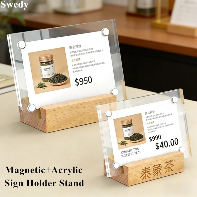 100x70mm Base in legno Supporto magnetico per cartello acrilico Espositore Numero da tavolo piccolo Menu Porta poster Etichetta prezzo Etichette per carte di carta