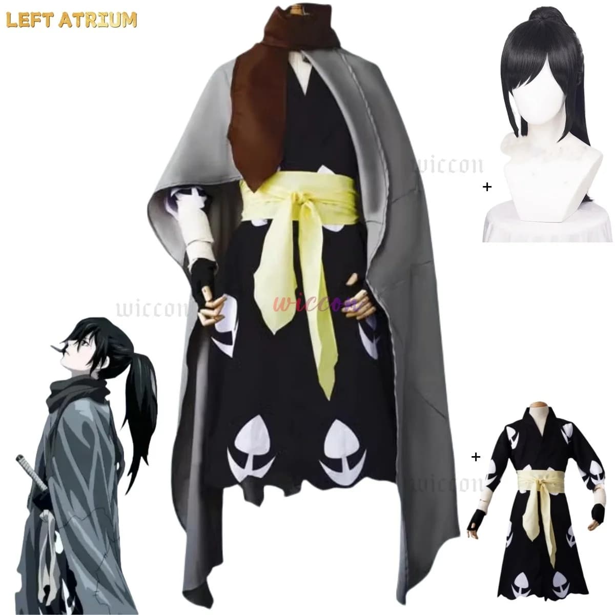 Costume Cosplay Dororo Hyakkimaru, Kimono da Guerriero Giapponese, Mantello, Sciarpa, Parrucca, Unisex, per Halloween