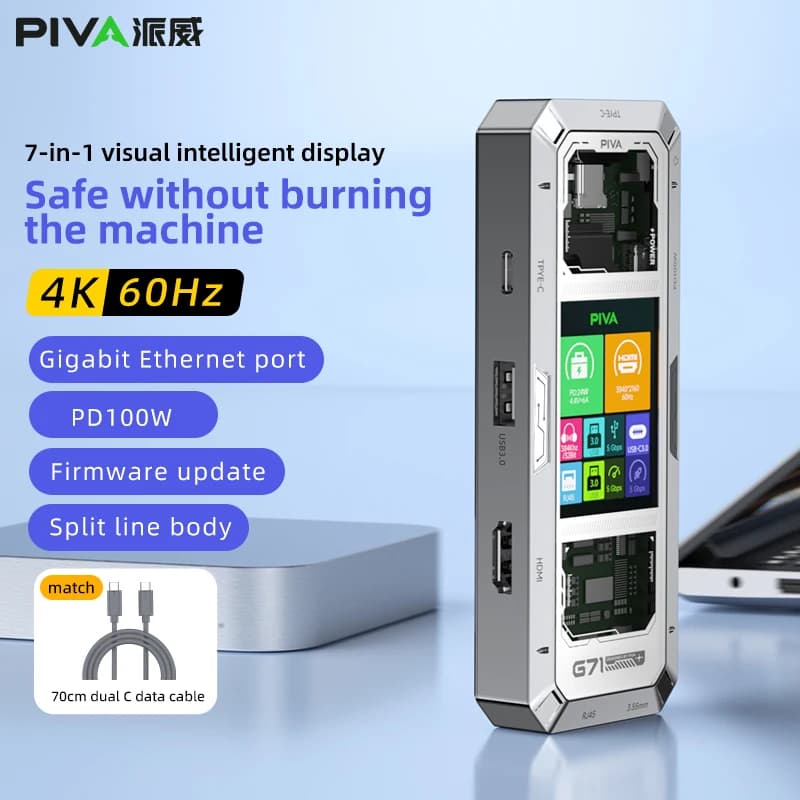 PIVA G71 7 in 1 Aluminum Alloy Office Docking Station Smart Screen Display Type-C to HDMI2.0 USB3.0 HUB PD100W Adapter