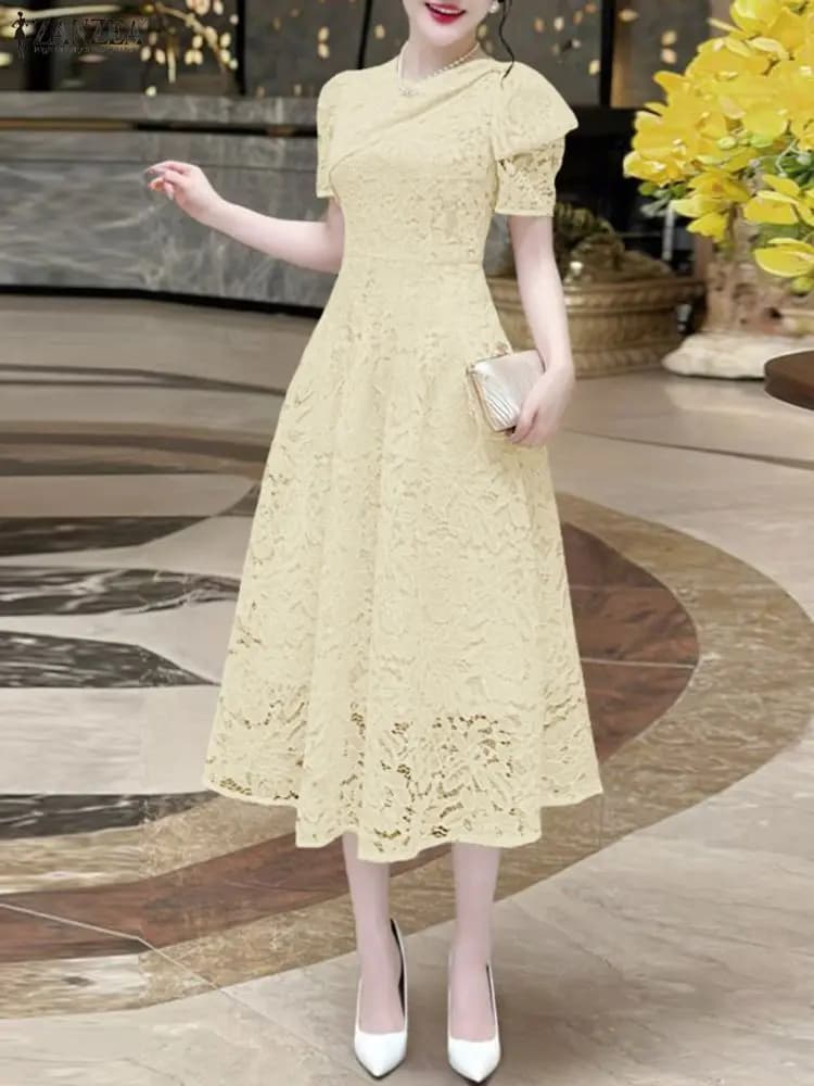 ZANZEA Abiti longuette eleganti in pizzo a strati da donna Moda O-Collo Manica corta Vita aderente Abito da cerimonia per invitati Abiti da donna S-3XL