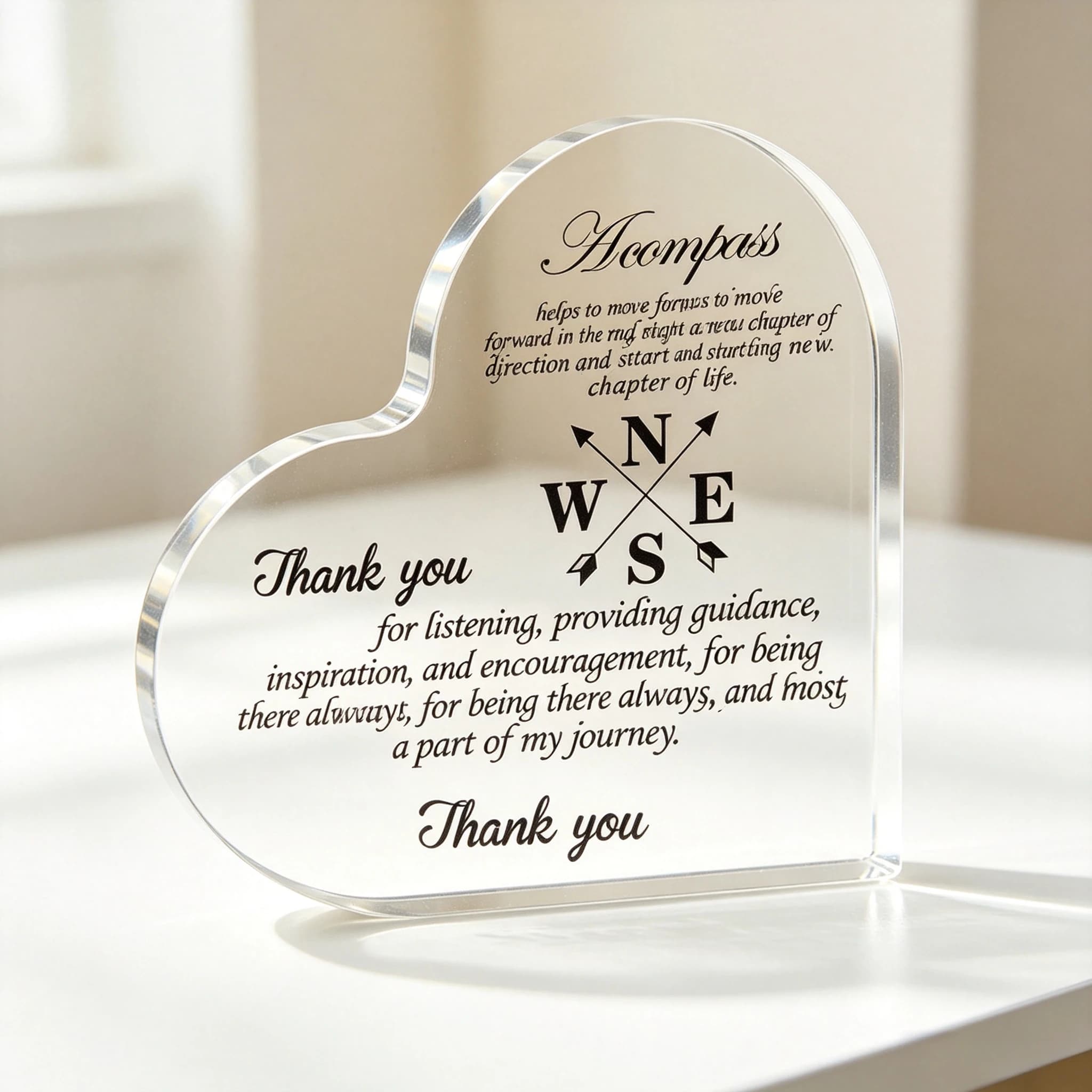 Thank You For Being Part Of My Journey Heart Acrylic Stand, Compass Arrow Motivational Table Ornament