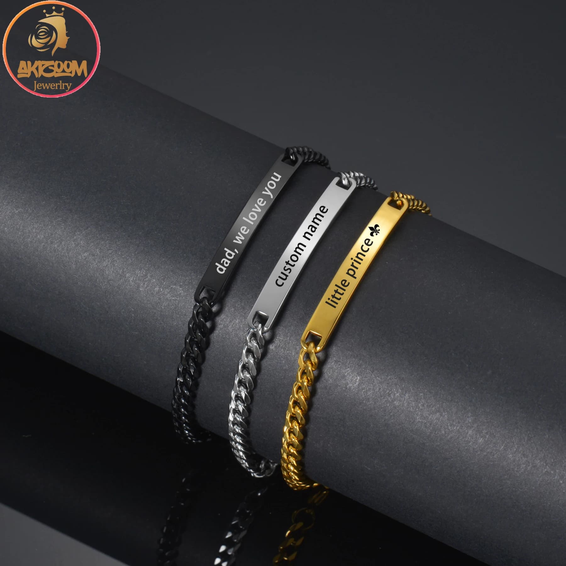 Akizoom incide il nome personalizzato regolabile spessa catena cubana Bar bracciali in acciaio inossidabile personalizzato per le donne mamma gioielli regalo
