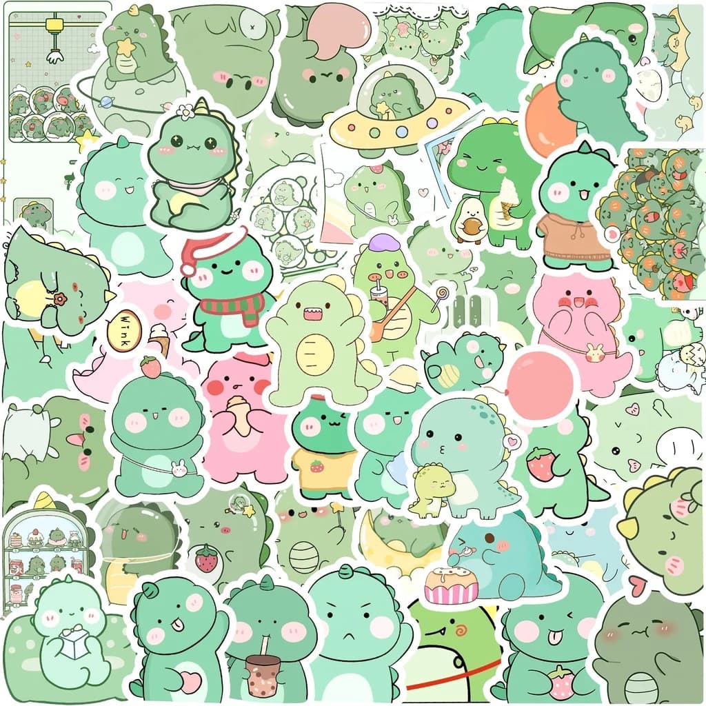 50 pezzi adesivi impermeabili dinosauro cartone animato verde per casco bicicletta mano conto astuccio decalcomanie BulingBulingStickers Store
