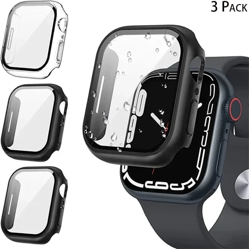 Confezione da 3 coperture in vetro temperato per custodia protettiva per schermo Apple Watch 9 8 7 6 5 4 3 SE 40MM 41mm 46mm 45mm 10 42mm 38mm Accessori