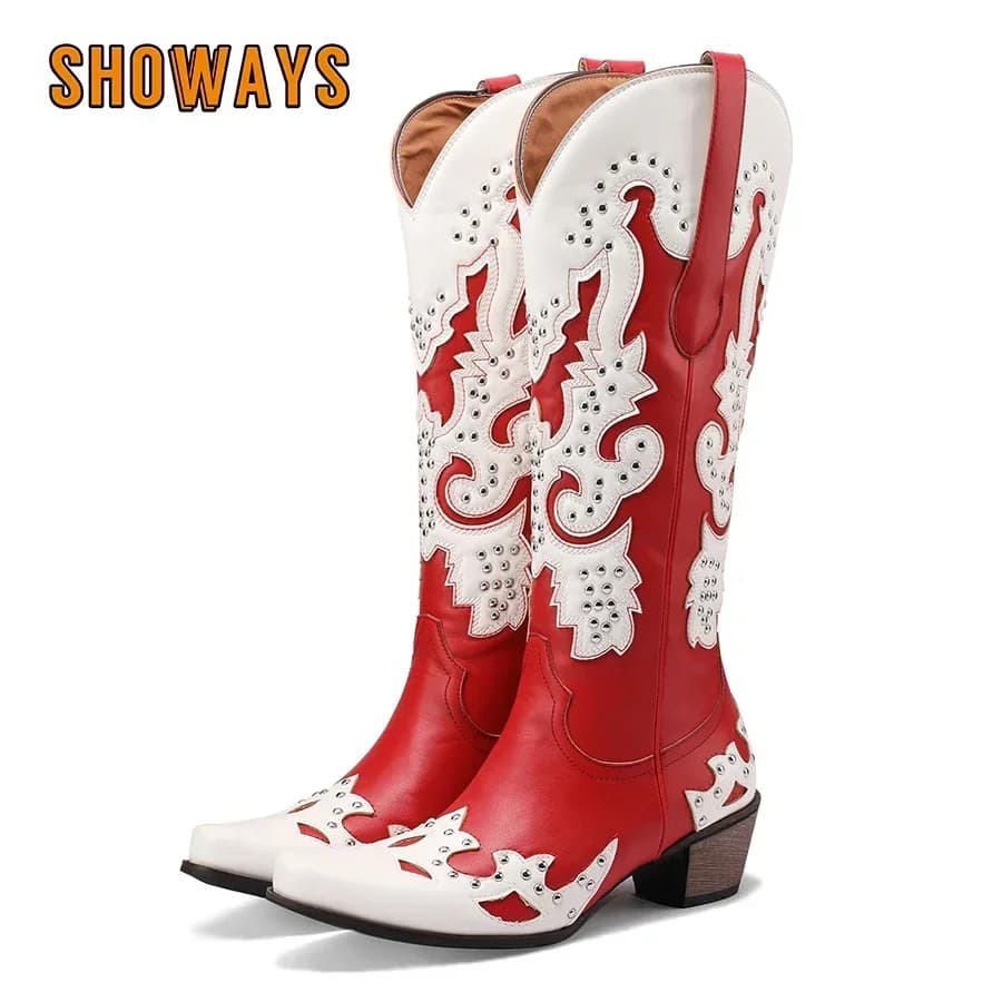 Western Women Knee High Boots Cowboy Blue Red Mixed Color Warped Pointed Toe High Heels Retro American Rivet Cowgirl Long Boots