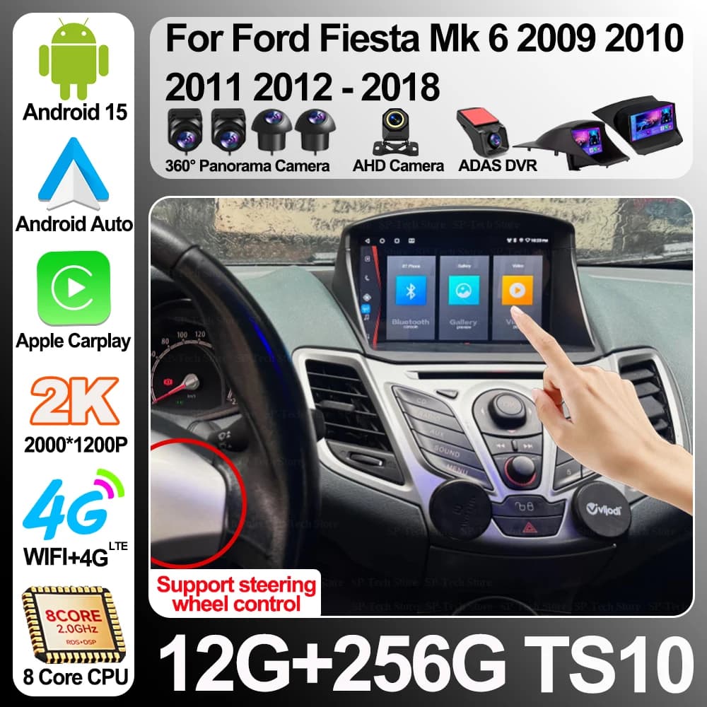 Autoradio Carplay Android 16 per Ford Fiesta Mk 6 2009-2018, Lettore Multimediale Video con Schermo GPS