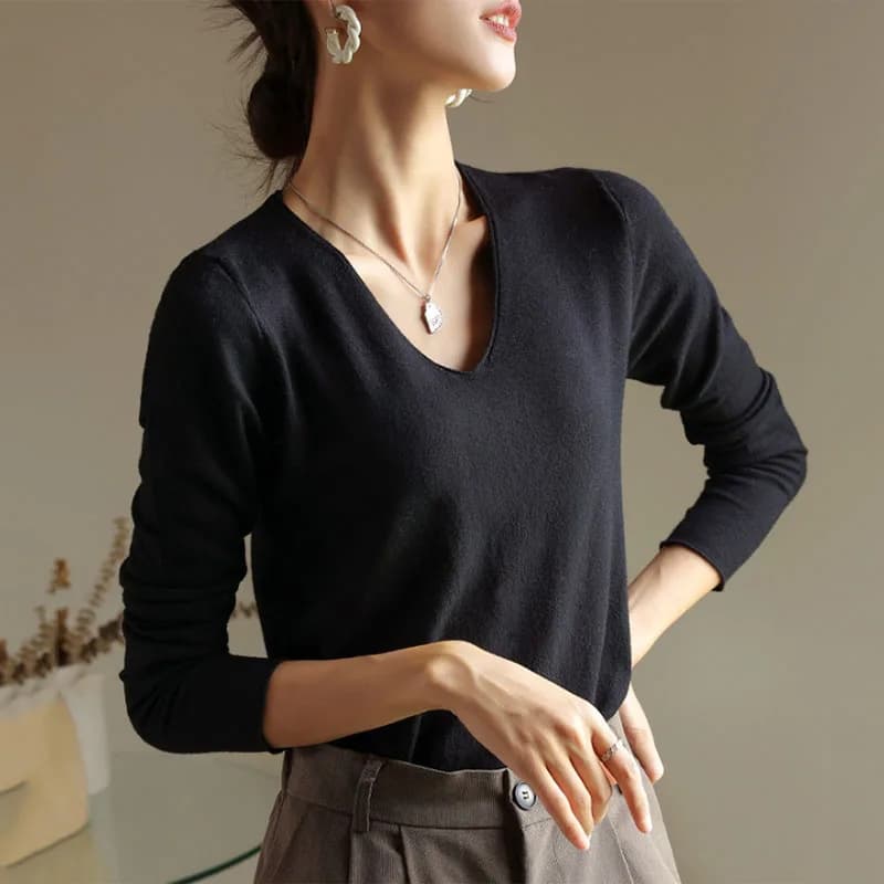 Elegant V-neck Sweaters Pullovers Women Casual Simple Soft Knitted Jumpers for Autumn Winter Vintage Base Long Sleeve Sweater