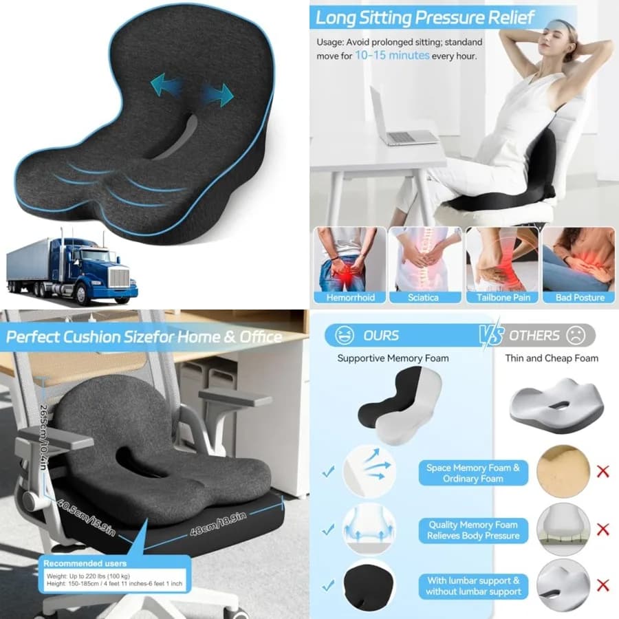 Cuscino per Sedile Camionista, Cuscino Ergonomico a L in Memory Foam per Sedie da Ufficio, Supporto Comfort per Lunghe Sedute