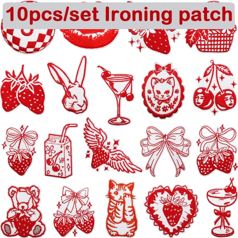 10 pz/set Retro Sweetheart Fragola Patch da Stiro Fiocco Rosso Ricamo Adesivo Timbro Vestiti Borse Decorazione Etichetta Bicchiere di Vino