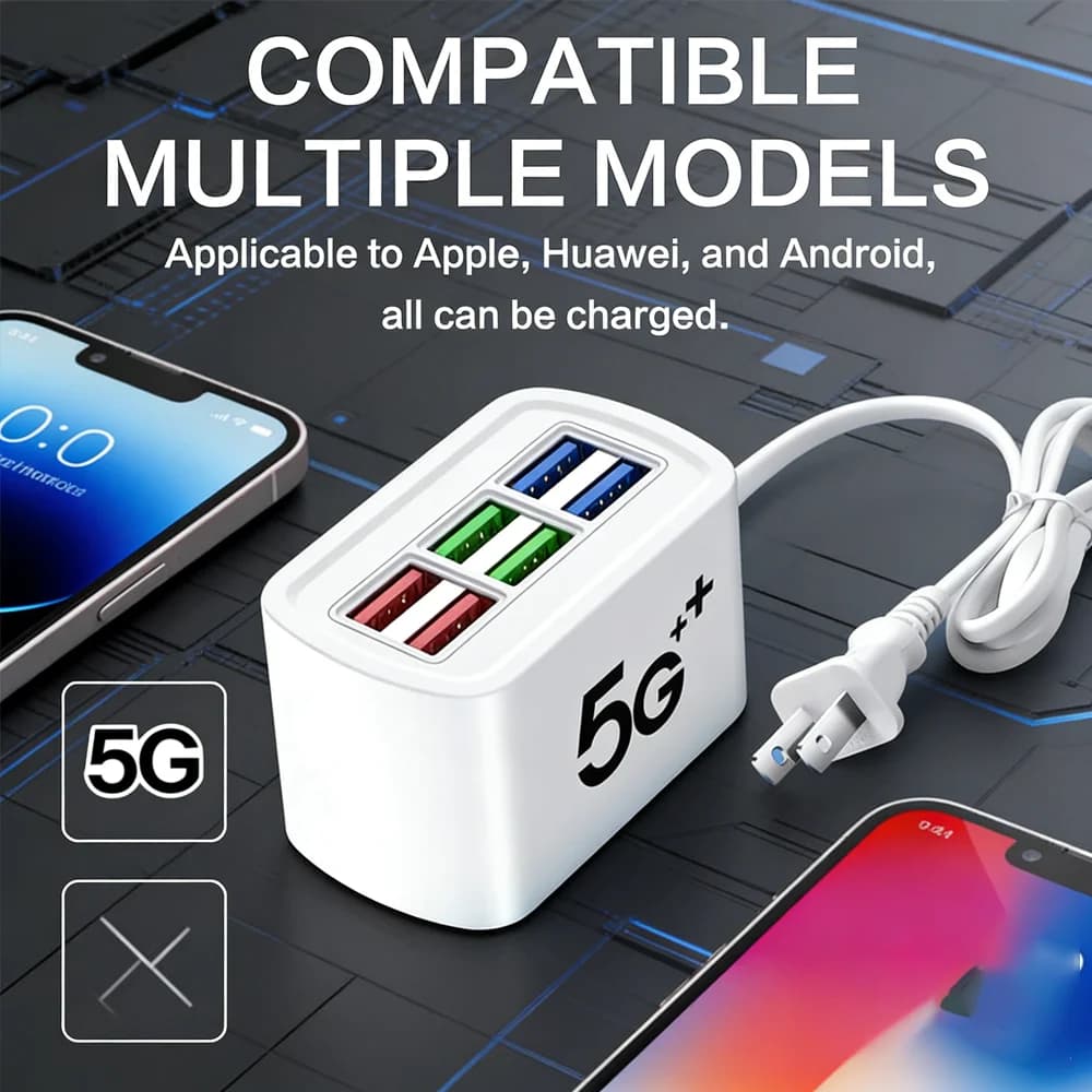 6 In 1 Multi USB Fast Charging Station 1M Extra Wire Portable Desktop Power Socket Strip 6 Ports Quick Charge Travel Charger