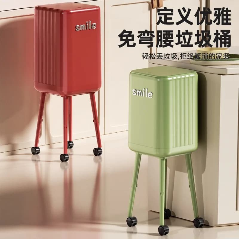 Ergonomic no-bending high-footed trash can household kitchen large-capacity storage bucket with roller press open lid