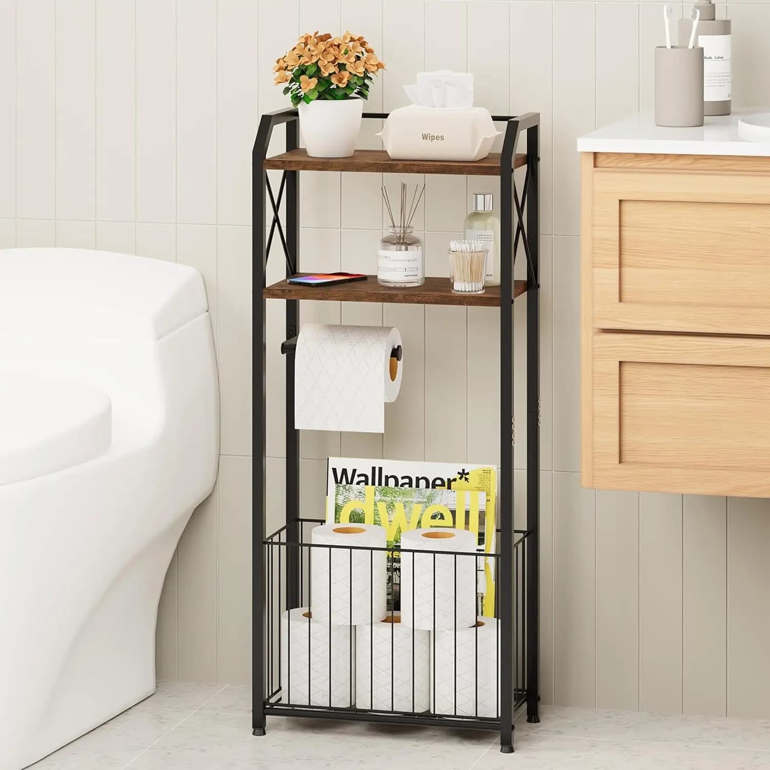 Portarotolo da terra con 4 ripiani in legno e cesto grande per bagno, lavanderia, appartamento - Nero