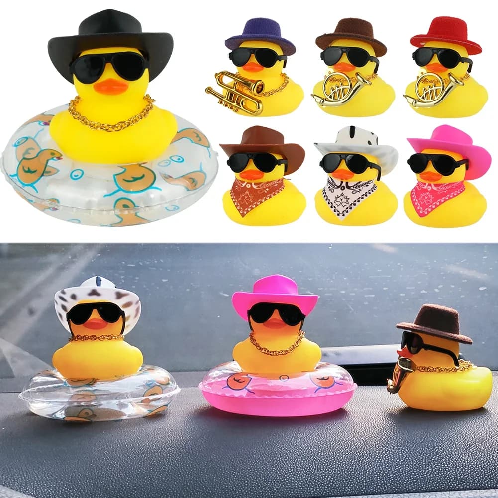 Duck Duck Yellow, Bathroom Toy, Accessories and Car Decorations, with Floating Ring, Hat, Scarf and Glasses