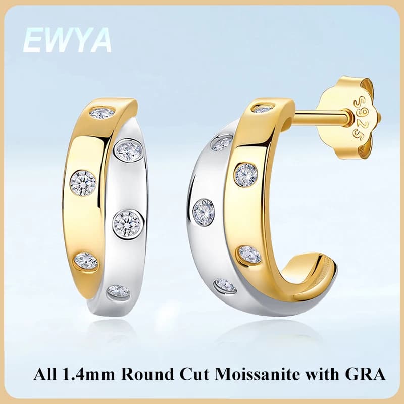 EWYA Two Tone Moissanite Huggie Hoop Earrings Women 925 Silver Wide C Shape Half Circle Piercing Stud Earring Minimalist Jewelry