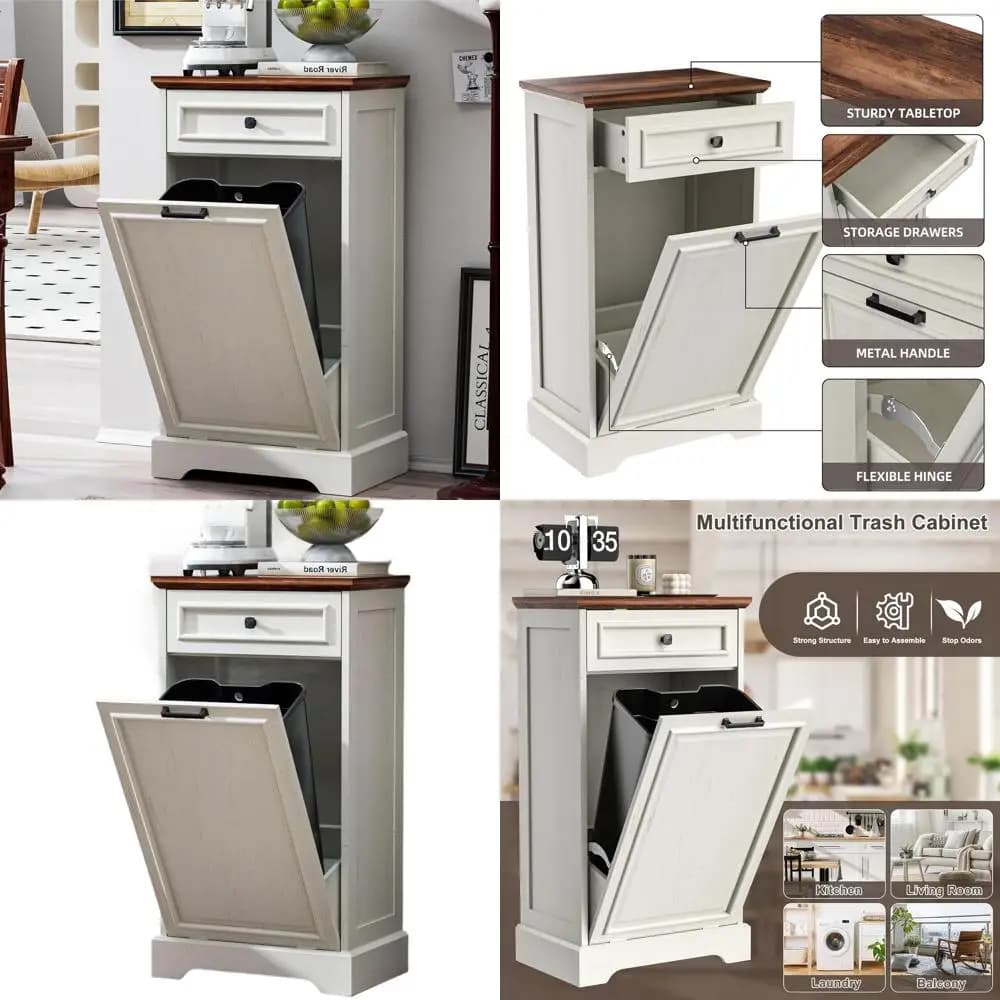 Mobiletto per la raccolta dei rifiuti da cucina con contenitore per la raccolta differenziata, bianco antico e marrone