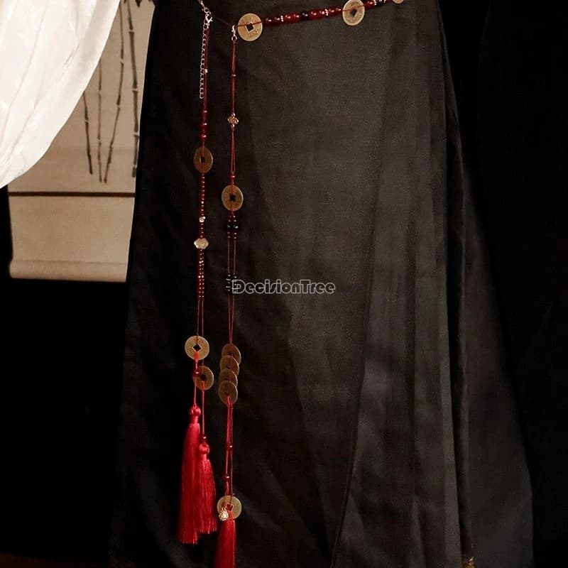 Ciondolo da cintura con nappa rossa in stile cinese per il Capodanno 2026, con monete in rame e catena, versatile accessorio per Hanfu e gonna a viso di cavallo