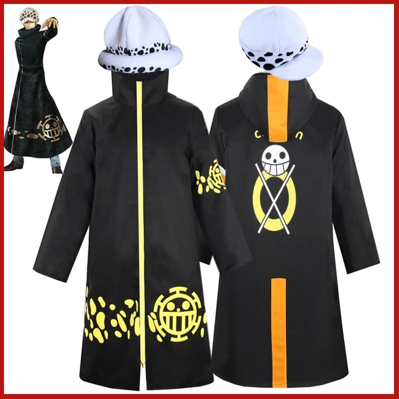 Pezzo anime Pirata Trafalgar D. Costume cosplay Water Law Mantello nero Cappello Pantalone Giacca lunga giacca a vento Festa di carnevale Abito per adulti