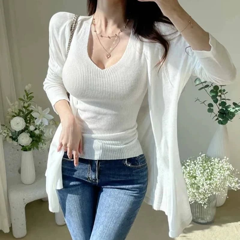 Dongda Gate New Style Slim Fit Short Sleeve V-Neck T-Shirt Mid-Length Thin Long Sleeve Open Cardigan Two-Piece Set Women