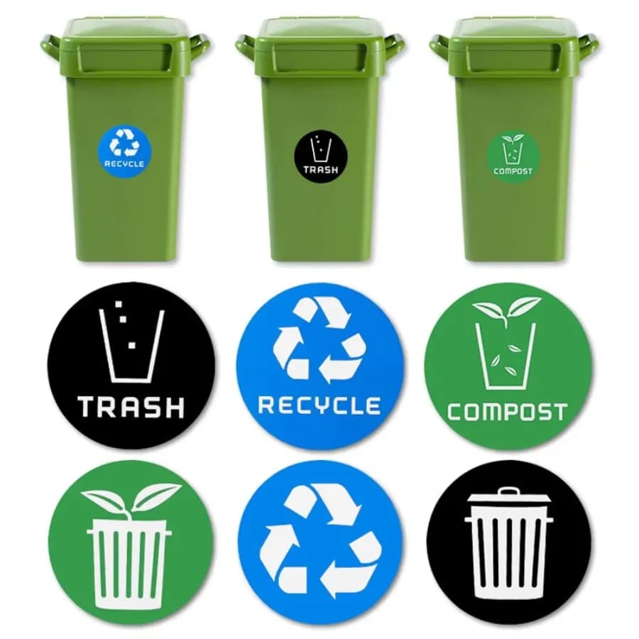 3 pezzi-set adesivi per bidoni da 12,7 cm Recyclare adesivo per rifiuti Logo moderno Simbolo per organizzare bidoni della spazzatura Contenitori per rifiuti Pareti